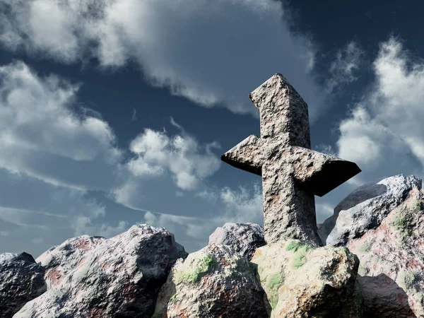 Rune rots onder bewolkte blauwe hemel - 3d illustratie — Stockfoto