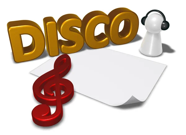 Étiquette disco, feuille de papier blanc vierge et pion avec écouteurs - rendu 3d — Photo