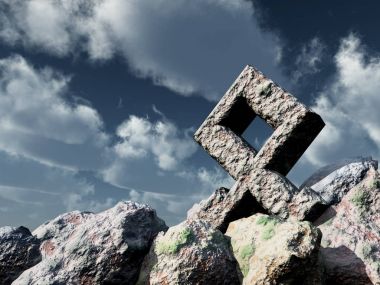 Rune taşın altına bulutlu mavi gökyüzü - 3d çizim