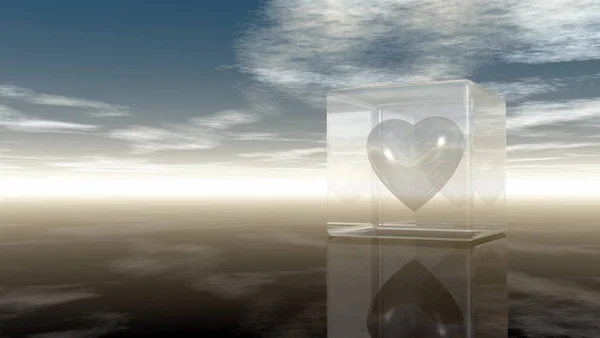 Símbolo del corazón en cubo de vidrio bajo el cielo nublado - representación 3d — Foto de Stock