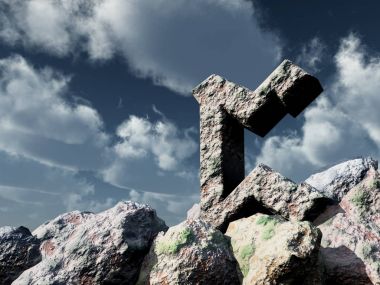 Rune taşın altına bulutlu mavi gökyüzü - 3d çizim