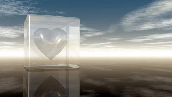 Símbolo del corazón en cubo de vidrio bajo el cielo nublado - representación 3d — Foto de Stock