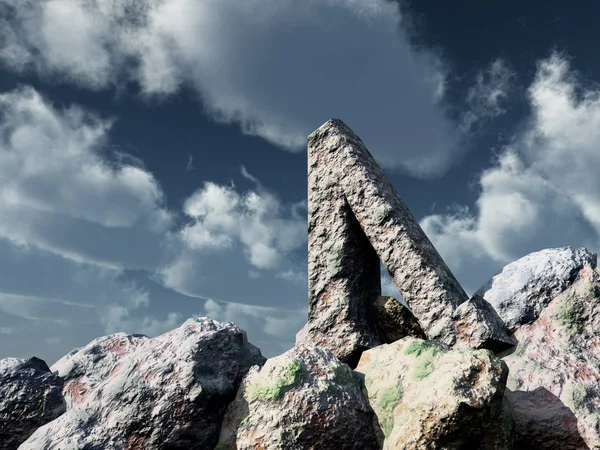 Rune rock under cloudy blue sky - 3d illustration — Stock Photo, Image
