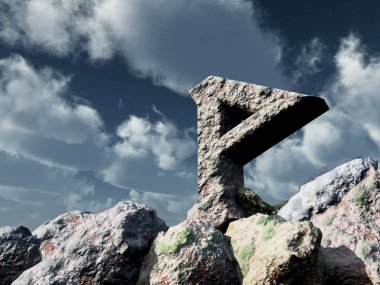Rune taşın altına bulutlu mavi gökyüzü - 3d çizim