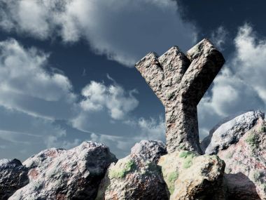 Rune taşın altına bulutlu mavi gökyüzü - 3d çizim