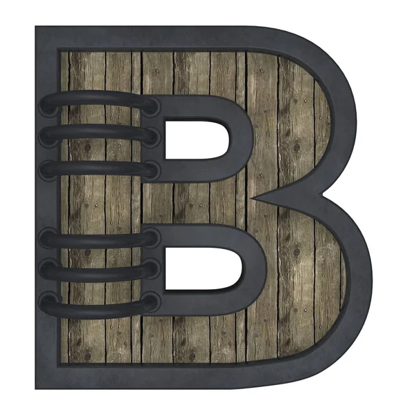 Wooden uppercase letter b with metal frame on white background - 3d illustration — Stock Photo, Image