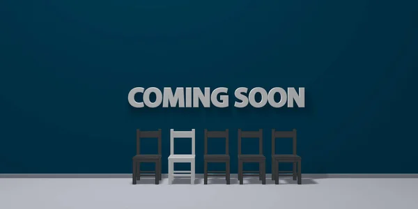 The words coming soon on wound and row of chairs - 3d rendering — Stock Photo, Image