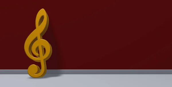 Złoty klucz wiolinowy na czerwonej ścianie renderowania 3d — Zdjęcie stockowe