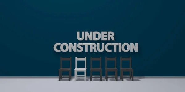 Under construction - letters on wound behind row of chairs - 3d rendering — Stock Photo, Image