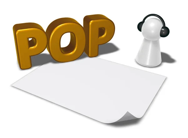 Etiqueta pop, folha de papel branco em branco e peão com fones de ouvido - renderização 3d — Fotografia de Stock