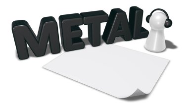 Metal etiket, boş beyaz kağıt levha ve piyon kulaklık - 3d render ile