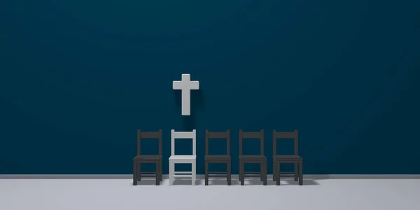 Raden av stolar och christian cross - 3d rendering — Stockfoto