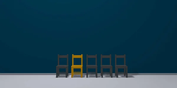 Fileira de cadeiras, uma em ouro - ilustração 3d — Fotografia de Stock