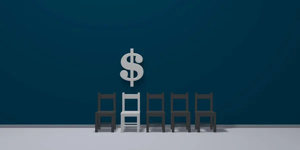 Símbolo del dólar y la fila de sillas - representación 3d — Foto de Stock