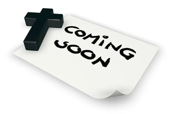 Christian cross and coming soon tag on paper sheet - 3d rendering — Stock Photo, Image