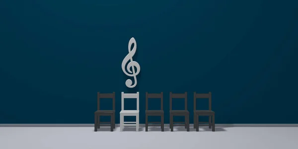 Clef symbol over row of chairs - 3d rendering — Stock Photo, Image