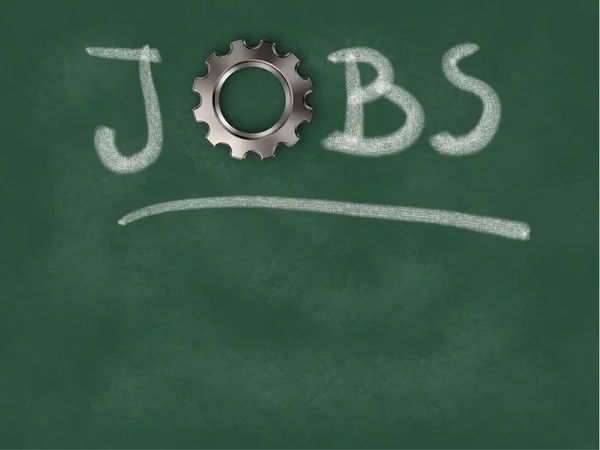Слово "рабочие места" с зубчатым колесом на доске - 3d иллюстрация — стоковое фото