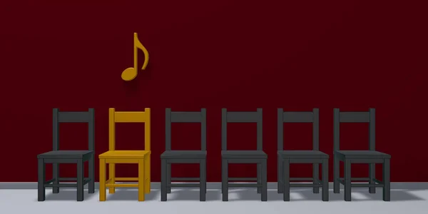 在排椅子-3d 渲染音乐注释符号 — 图库照片