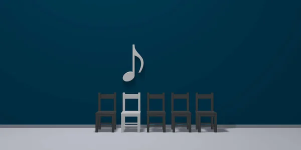 Символ музичної ноти над рядком стільців - 3d рендеринг — стокове фото