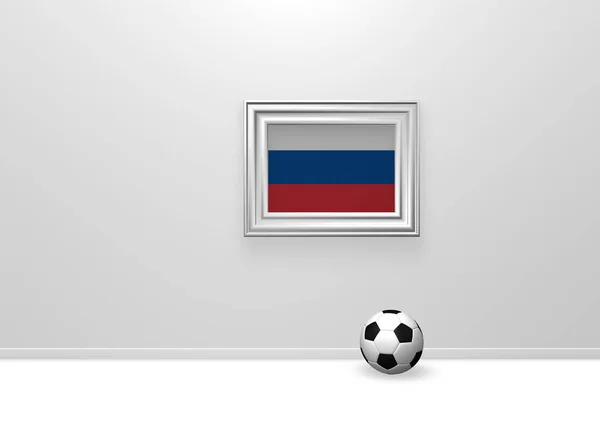 Μπάλα ποδοσφαίρου και σημαία της Ρωσίας στην εικόνα καρέ - 3d rendering — Φωτογραφία Αρχείου