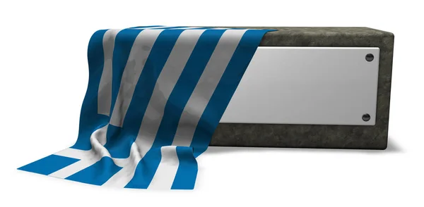 Steinsockel mit Blankoschild und griechischer Flagge - 3D-Rendering — Stockfoto