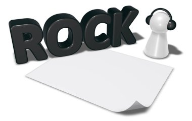 Rock etiketi, boş beyaz kağıt levha ve piyon kulaklık - 3d render ile