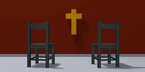 Deux chaises et croix chrétienne - rendu 3d — Photo