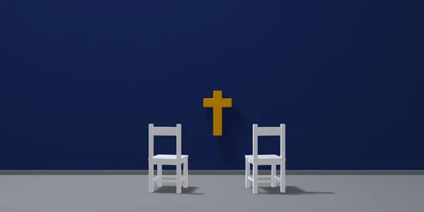 两个椅子和基督教十字架-3d 渲染 — 图库照片