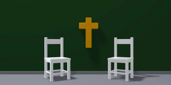 Dvě židle a křesťanský kříž - 3d vykreslování — Stock fotografie