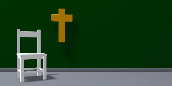 Cadeira e cruz cristã - renderização 3d — Fotografia de Stock