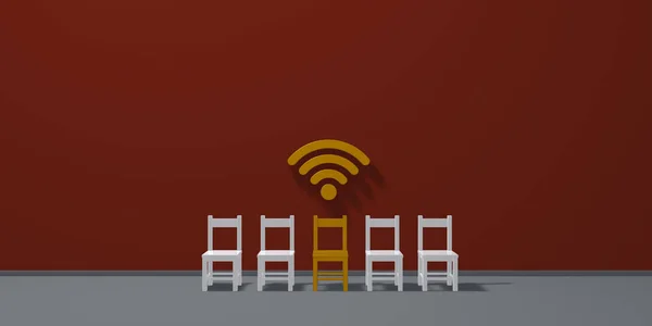 排的椅子和 wifi 符号-3d 渲染 — 图库照片