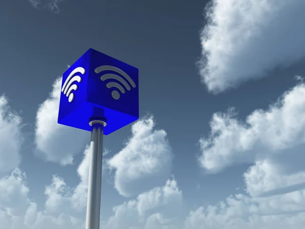 Küp undercloudy gökyüzü - 3d render WiFi sembolü — Stok fotoğraf