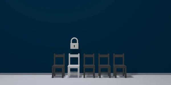 Ряд стульев и висячий замок - 3d рендеринг — стоковое фото