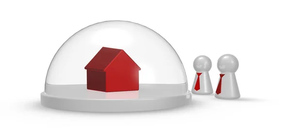 Figuras de juego con corbata y modelo de casa bajo cúpula de vidrio - ilustración 3d — Foto de Stock