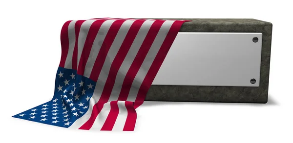 Soquete de pedra com sinal em branco e bandeira dos EUA - renderização 3d — Fotografia de Stock