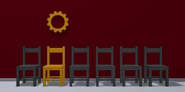 排的椅子和齿轮-3d 渲染 — 图库照片