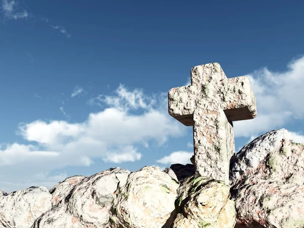 Stone cross onder bewolkte hemel - 3d illustratie — Stockfoto