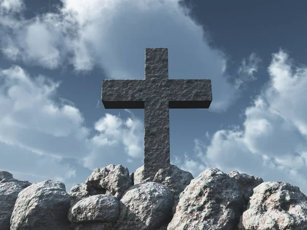 Πέτρινο σταυρό σύμφωνα με συννεφιασμένο ουρανό - 3d απεικόνιση — Φωτογραφία Αρχείου