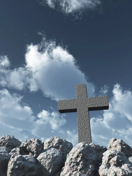 Stone cross under cloudy sky - 3d illustration — Stock Photo, Image