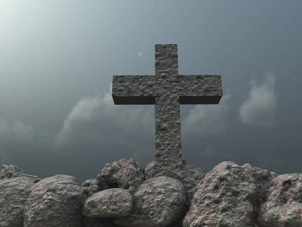 Πέτρινο σταυρό σύμφωνα με συννεφιασμένο ουρανό - 3d απεικόνιση — Φωτογραφία Αρχείου