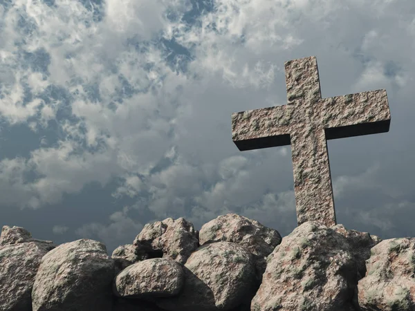 Stone cross onder bewolkte hemel - 3d illustratie — Stockfoto