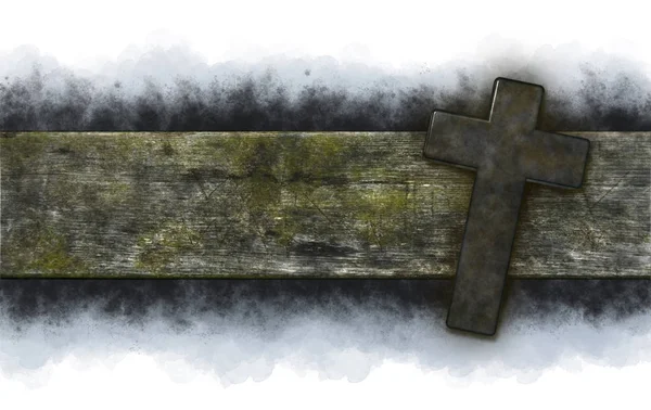 Cruz cristã na tábua de madeira velha - ilustração 3d — Fotografia de Stock