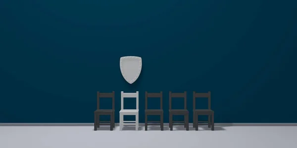 Blank shield and a row of chairs - 3d rendering — Stock Photo, Image