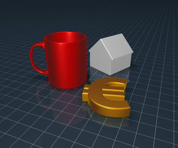Mug, euro symbol and house model — Stock Photo, Image