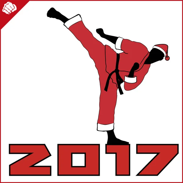 Neues Jahr und frohe Weihnachten Martial Arts Karate Santa Kämpfer in rotem Kimono Silhouette Szene. Vektor. eps. — Stockvektor