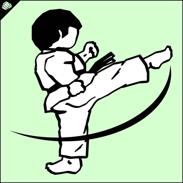मार्शल आर्ट्स. कराटे किड मुलगा सैनिक उच्च किक दृश्य . — स्टॉक व्हेक्टर
