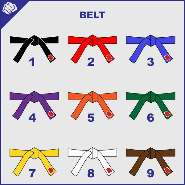 Sada barevných pásů pro bojová umění kimono, dogi karate, bjj, judo, taekwondo, hapkido, karate. — Stockový vektor