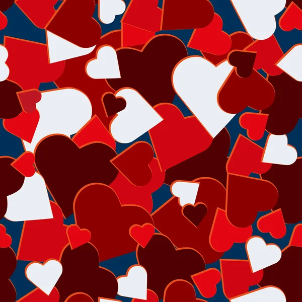 Valentinstag rote heiße Herzen Camo Hintergrund, Vektor nahtlose Muster — Stockvektor