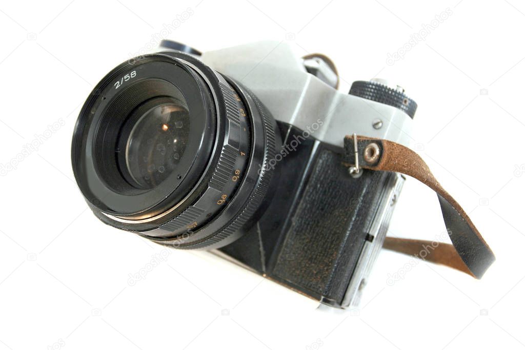 Old antique vintage black camera the 19th century isolated on white background with cliping path. Russia.