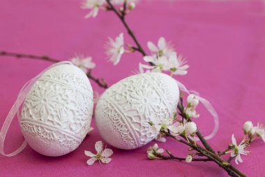 Decorative White Easter Eggs And Blossom